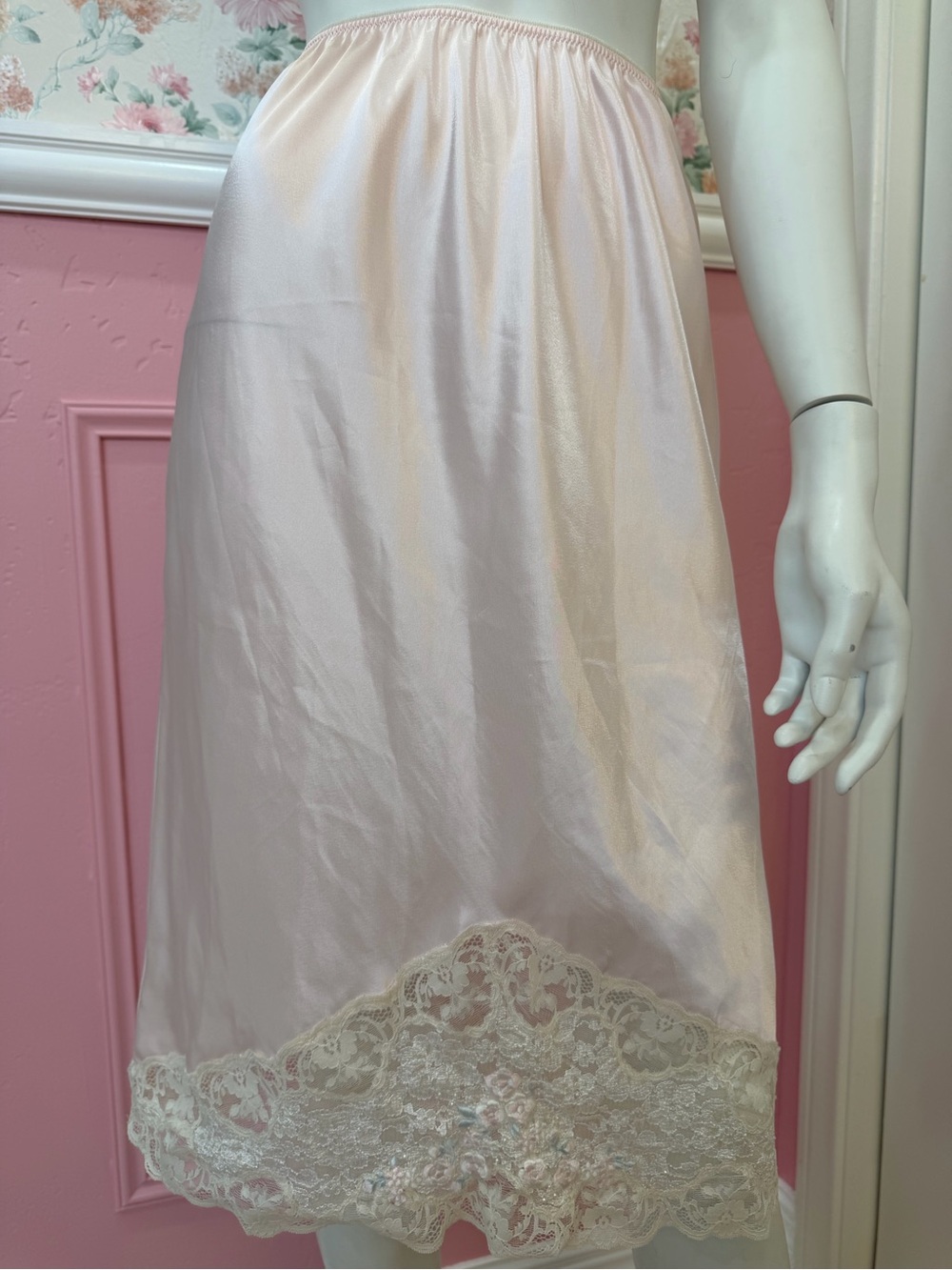 American Vintage Pale Pink Satin Half Slip with Lace Hem